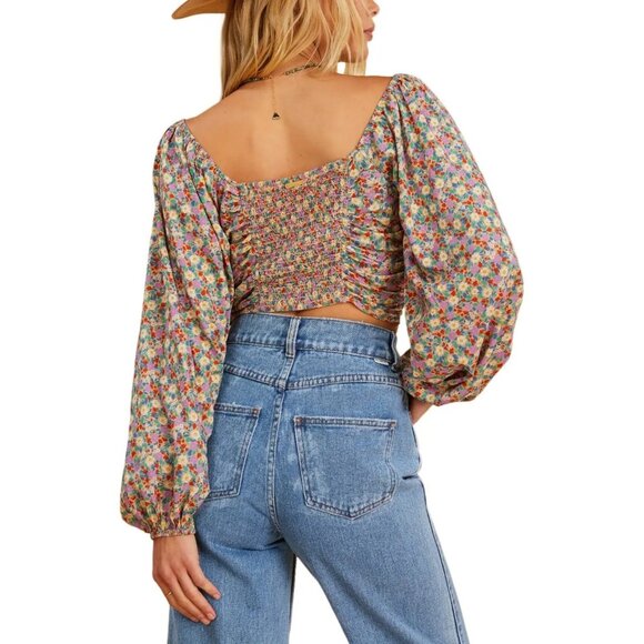 BILLABONG THE SALTY BLONDE Free Love Crop Top Sz M Multicolor Floral Puff Sleeve - Picture 9 of 16